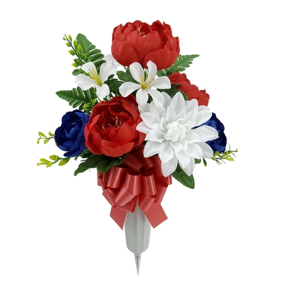 Mainstays 20.5in Outdoor Artificial Peony Flowers in Vase, Red, White and Blue Color.