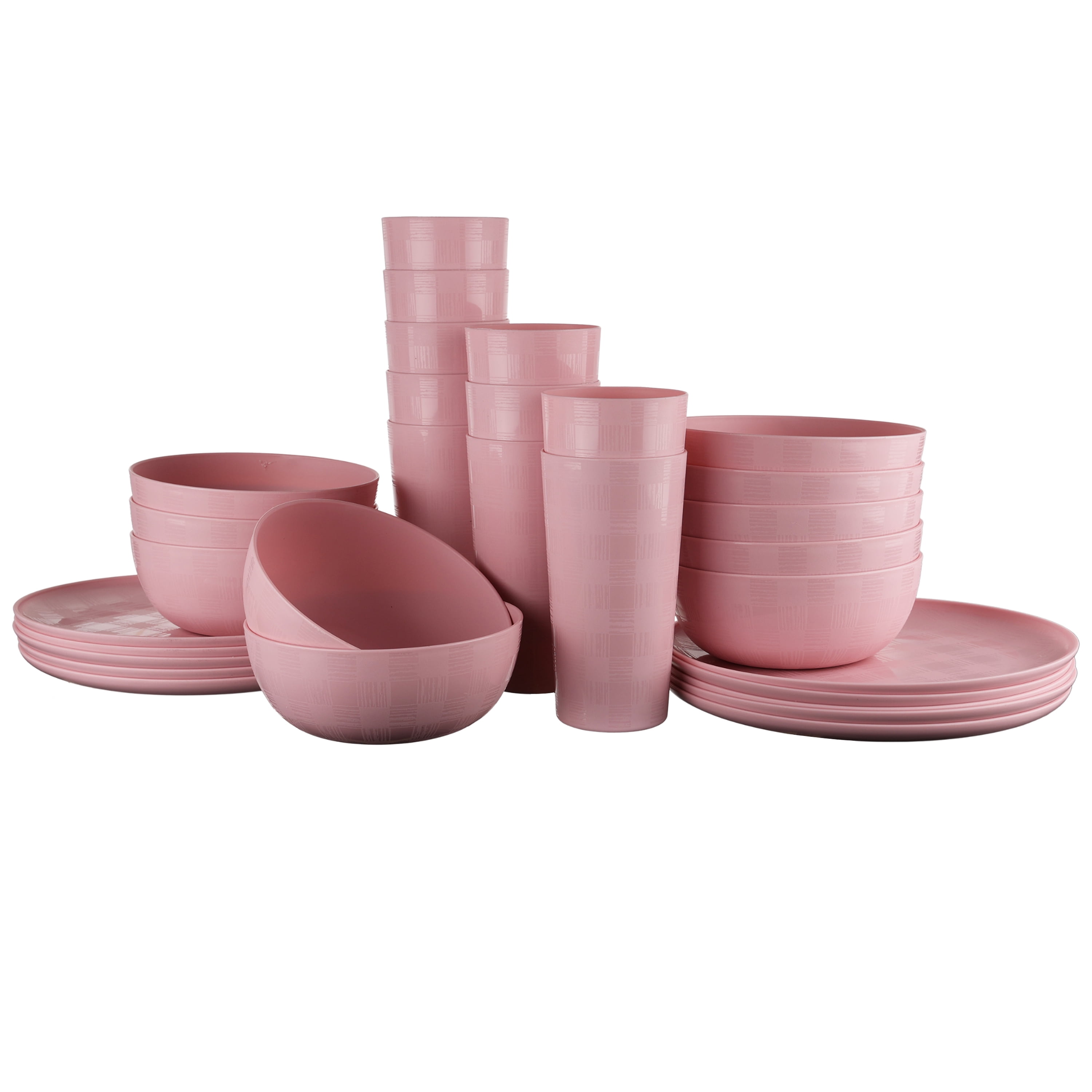 Mainstays 30-Piece Pink Etched Checkered Plastic Dinnerware Set