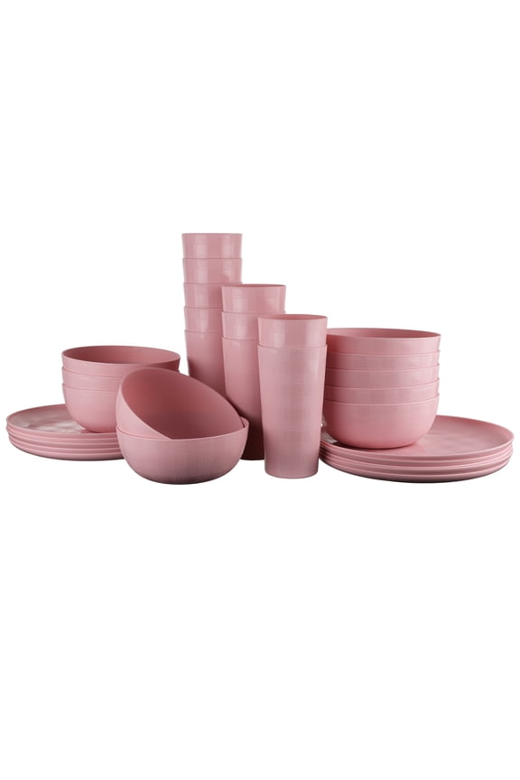 30-Piece Pink Etched Checkered Plastic Dinnerware Set, Includes 10 Plates, 10 Bowls, 10 Tumblers