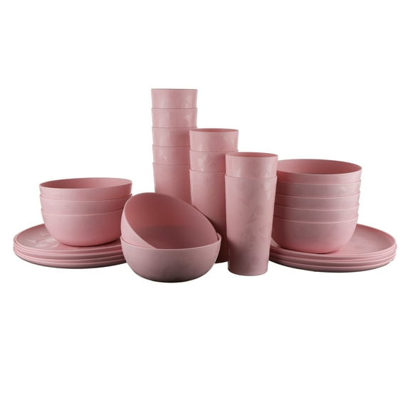 Mainstays 30-Piece Pink Etched Flower Plastic Dinnerware Set, Includes 10 Plates, 10 Bowls, 10 Tumblers