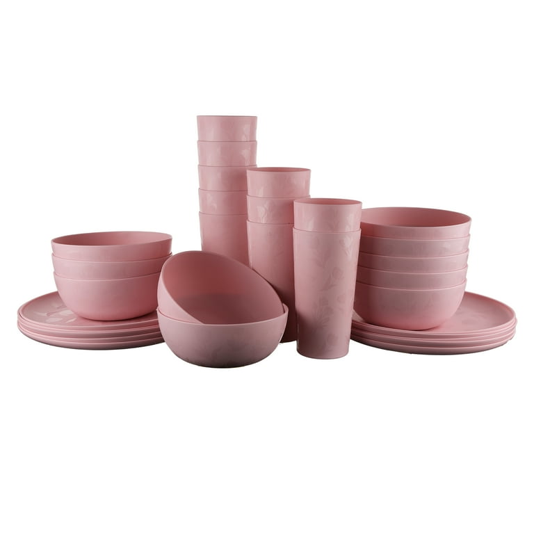 Mainstays 30-Piece Pink Etched Flower Plastic Dinnerware Set