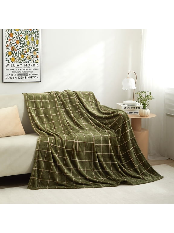 Plush Throw Blanket, Green Plaid, 50 in x 60 in