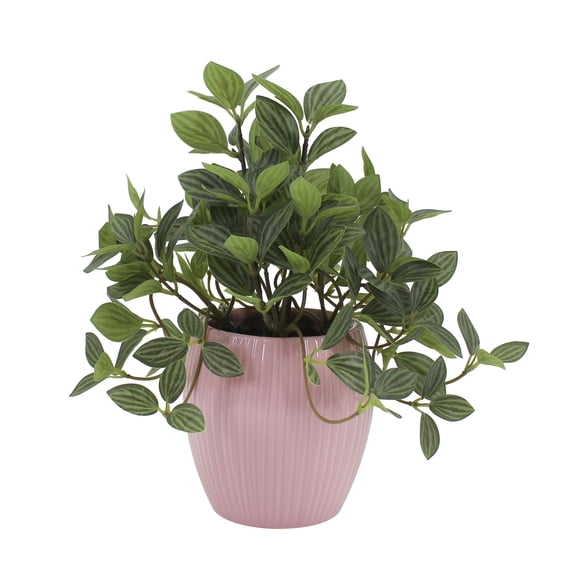 Mainstays 10" Artificial Trailing Watermelon Peperomia Plant in Pink Ribbed Glazed Ceramic Pot