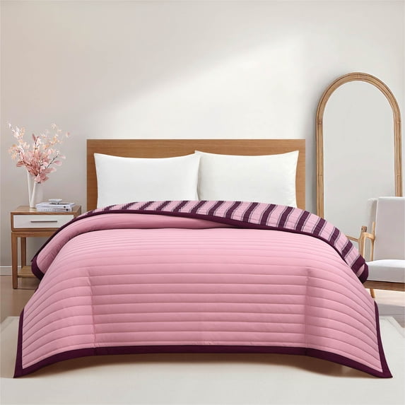 Mainstays Pink Striped Reversible Quilt, Full/Queen, 86" x 90"
