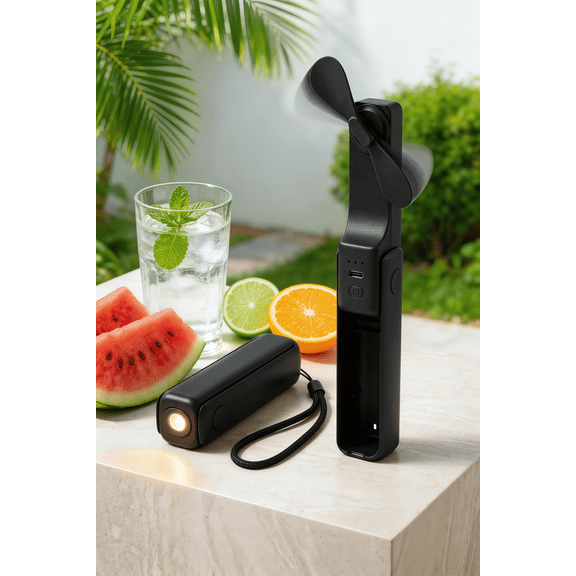 Mainstays 3-in-1 Handheld Mini Pocket Fan and Power Bank and Flashlight, USB Rechargeable, Portable for recreation, concerts, sporting events, makeup bag, Top 2026 summer gift ideas - Black Color