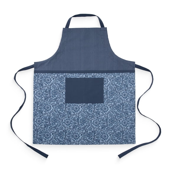 Mainstays Chef Kitchen Apron, 28" x 32" Cotton Apron with Pocket for Cooking, Baking, Gardening, Blue Floral Stripe