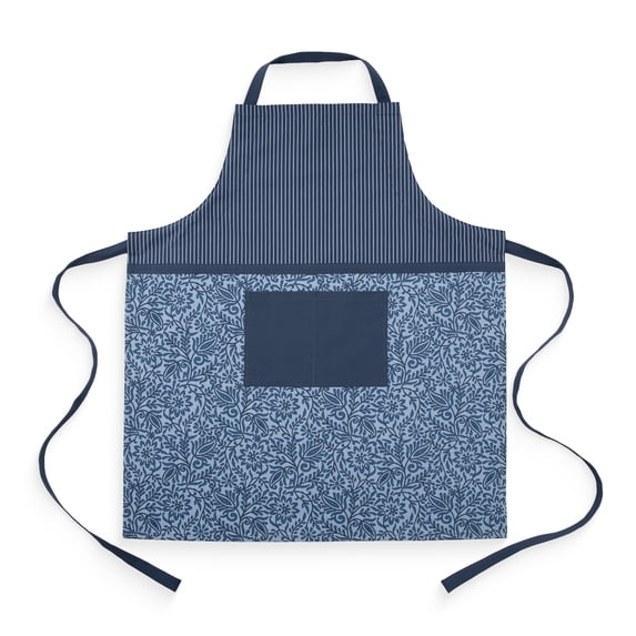 Mainstays Chef Kitchen Apron, 28" x 32" Cotton Apron with Pocket for Cooking, Baking, Gardening, Blue Floral Stripe