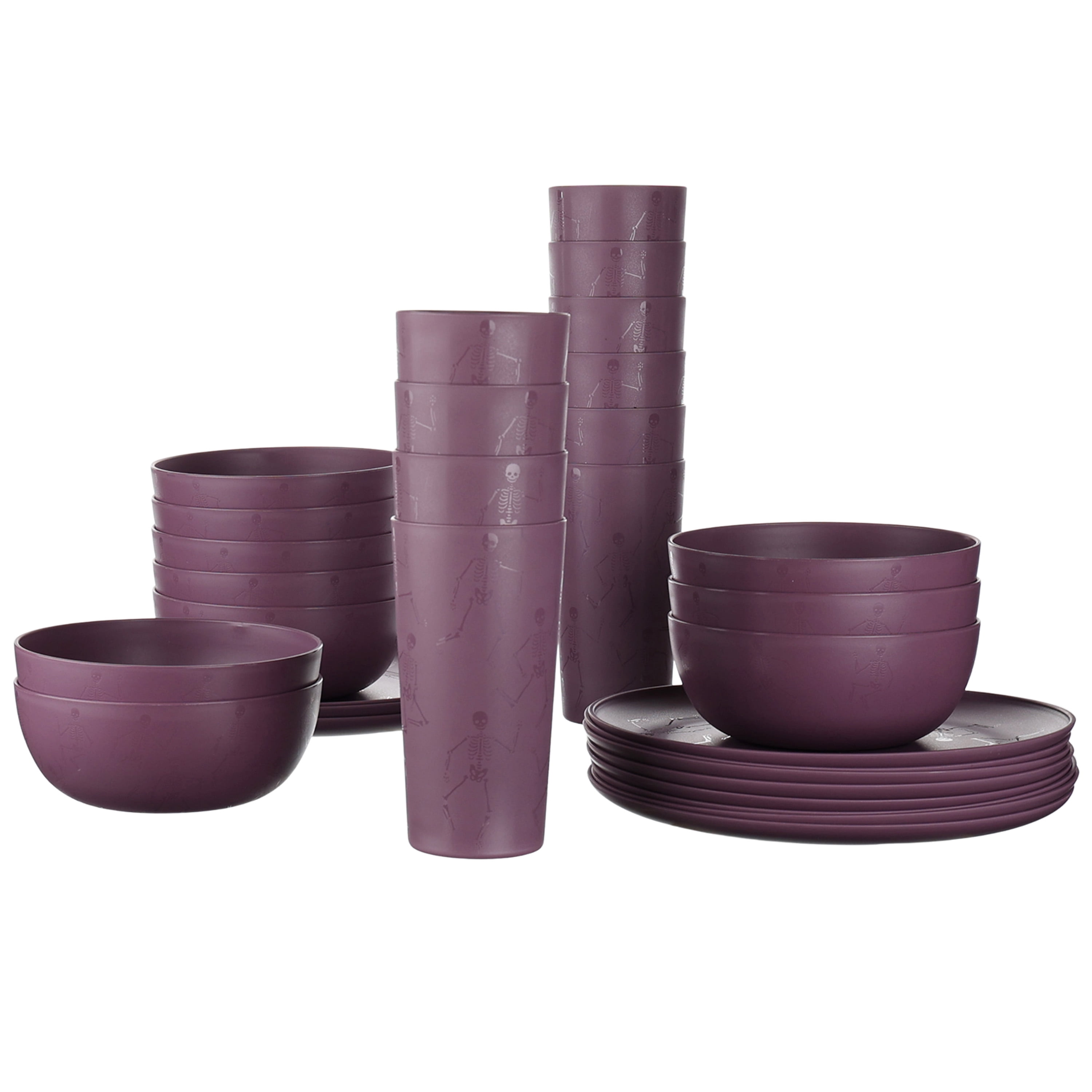 Mainstays 30-Piece Plastic Etched Dancing Skeletons Dinnerware Set, Purple