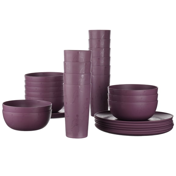 Mainstays 30-Piece Plastic Etched Dancing Skeletons Dinnerware Set, Purple