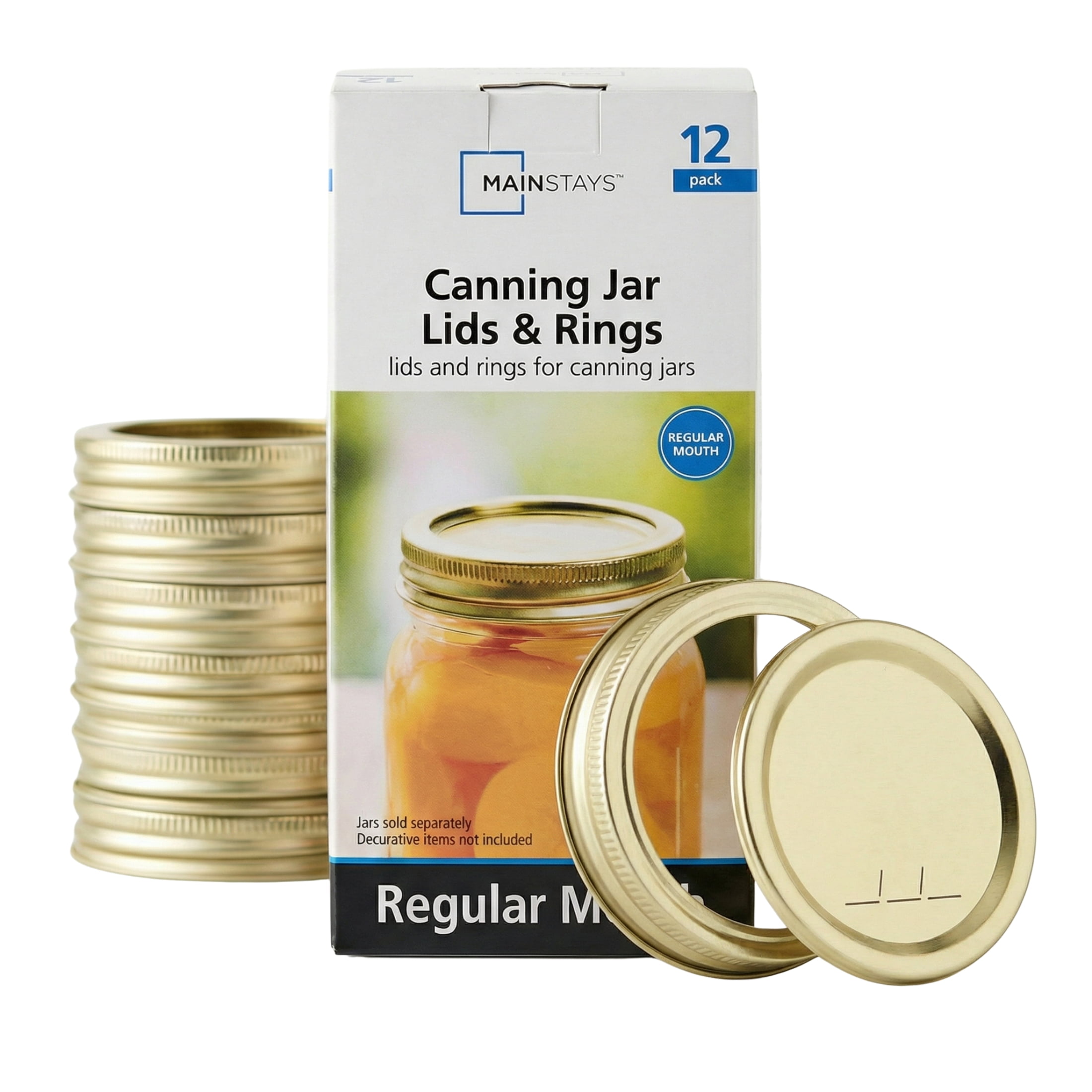 Mainstays 12-Pack Canning Jar Lids and Rings - Regular Mouth, Two-Piece Mason Jar Lids with Bands for Canning and Preserving, Fits All Brands Regular Mouth Mason Jars