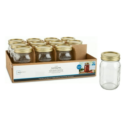 Mainstays Regular Mouth 16 oz Mason Jars 12pk, Pint Canning Jars and Lids, Bulk Glass Jars for Preserves, Salsas, Iced Coffee, Drinking Glasses, Candle Making