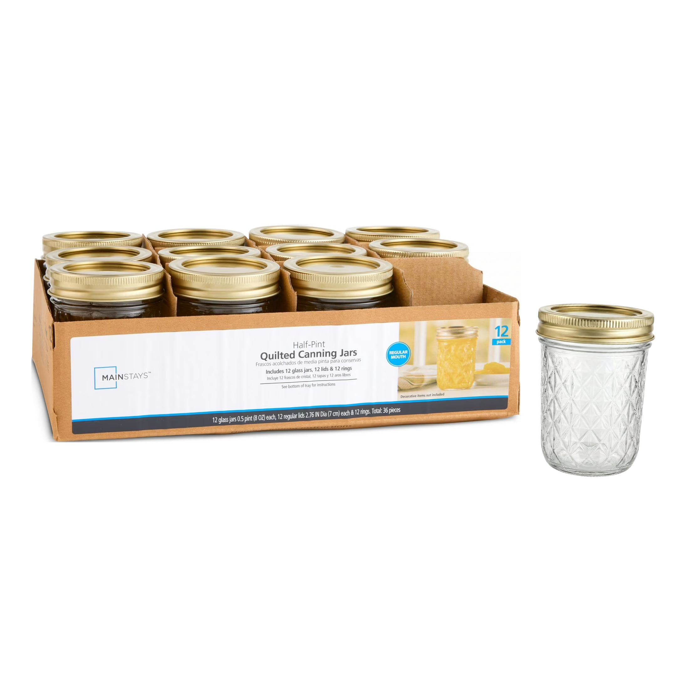 Mainstays 8 oz Mason Jars, Regular Mouth Quilted Half Pint Canning Jars with Lids and Rings, 12-Pack Small Glass Jars for Home Canning and Gifting