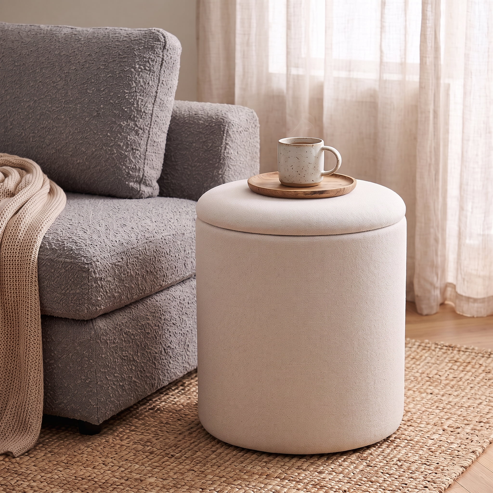 Mainstays Round Storage Ottoman, Cream Linen Fabric