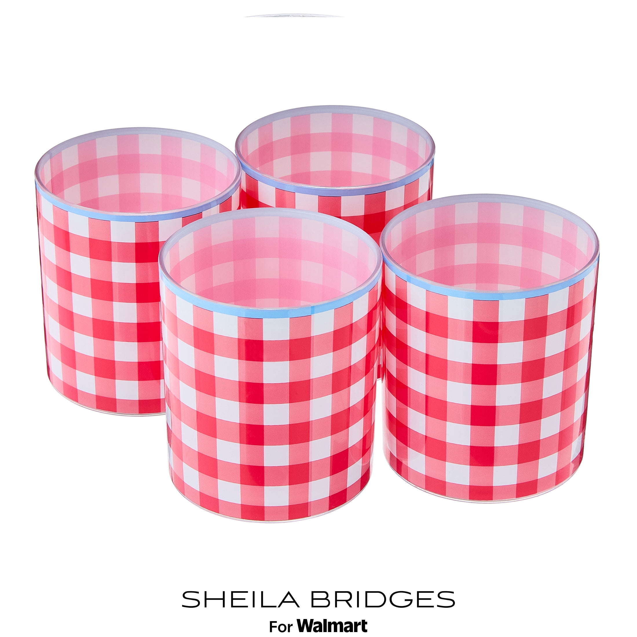 Sheila Bridges Philadelphia Red Gingham Lowball Tumblers, 4 Count