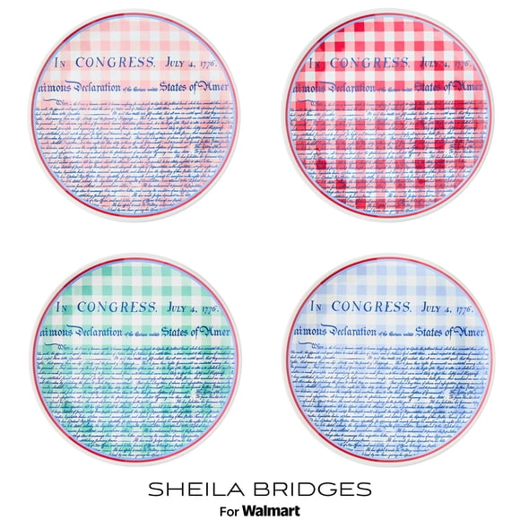 Sheila Bridges Philadelphia Collection Multicolor Gingham Declaration of Independence 9" Melamine Salad Plates, 4 Count