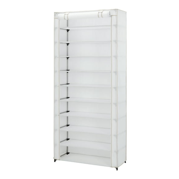 Mainstays 10 Shelf Organizer Shoe Rack with Cover to Hold 30 Pair Shoes, 31.5 in W x 13.46 in D x 69.09 in H, White