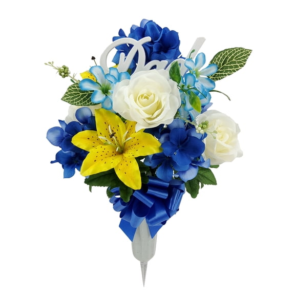 Mainstays Outdoor 21 inch Artificial Hydrangea Flowers in Vase with "Dad" Sign, Yellow and Blue Color.