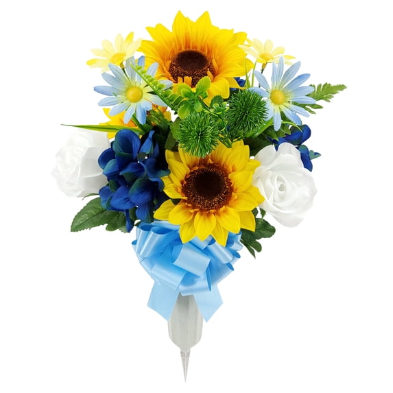 Mainstays 20 in Outdoor Artificial Silk Flowers in Vase, Yellow Sunflower and Blue Hydrangea