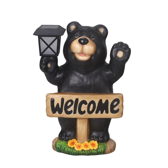 Mainstays 12.25 Inch Outdoor Solar Welcome Bear Statue with LED Lantern