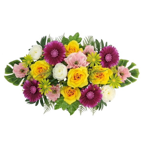 Mainstays Outdoor Artificial Floral Headstone Saddle, Yellow Rose, Pink Poppy & White Ranunculus