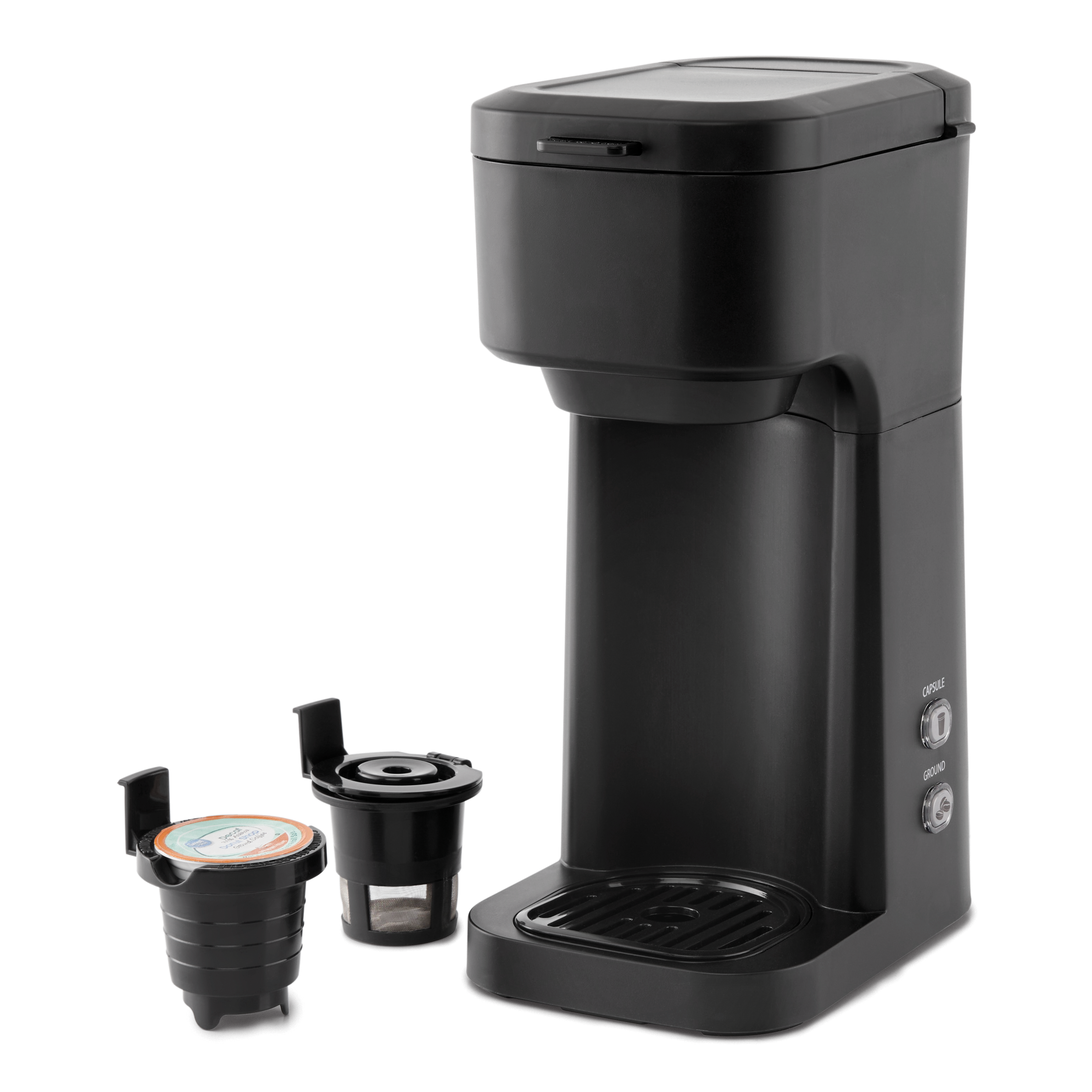Cafetera Mainstays Black Matte de preparación dual, una taza, apagado automático, depósito de 14 oz
