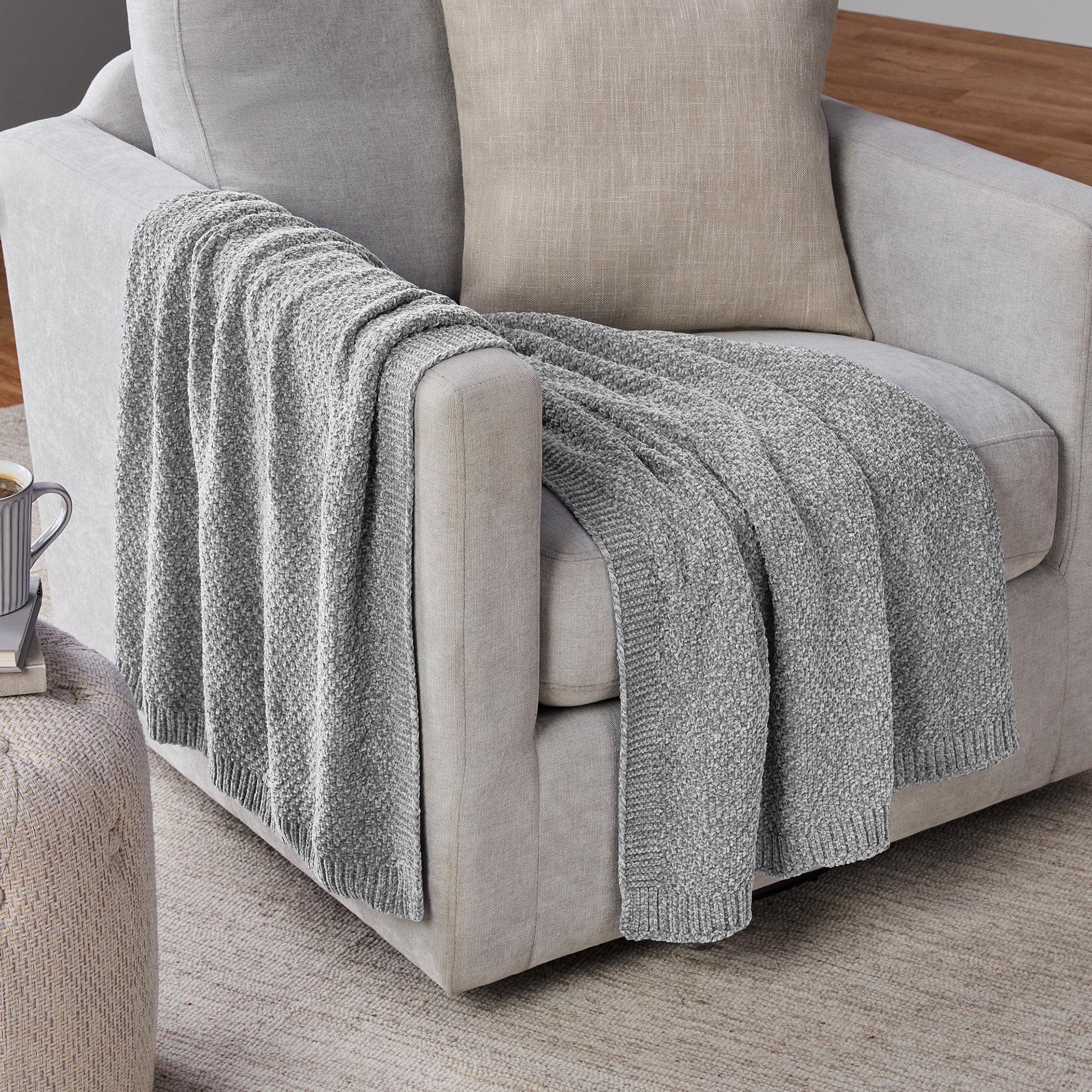 Mainstays Chenille Oversized Couch Throw Blanket, Soft Silver, 50 x 72 in
