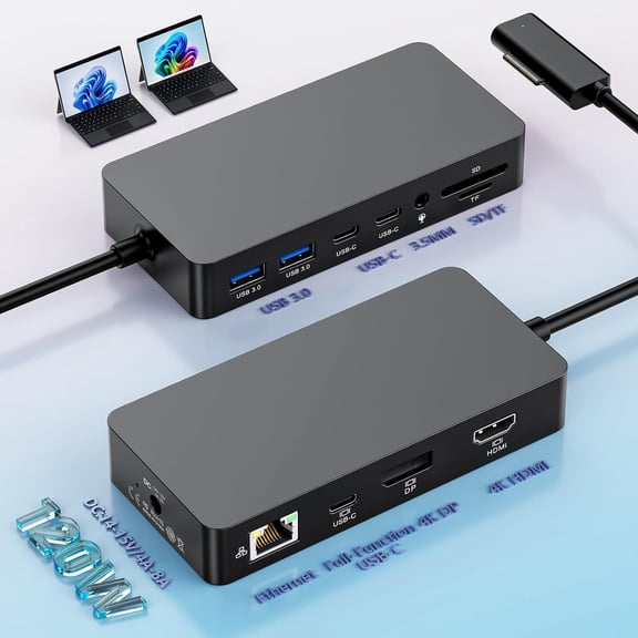 MS Surface Dock Triple Displays 4K@60Hz HDMI+ USB C + DP with 120W Power Adapter Surface Pro Docking Station for Surface Pro 12/11/10/9/8/7 Surface Laptop7/6/5/4/Surface Go