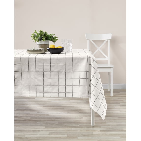 Mainstays Tablecloth Windowpane Plaid White and Black, Cotton Polyester Blend, 60" x 84"