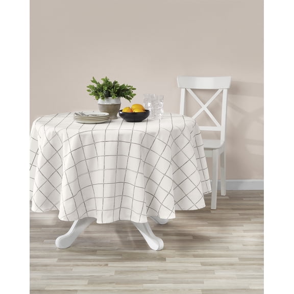 Mainstays Tablecloth Windowpane Plaid White and Black, Cotton Polyester Blend, 70" Round