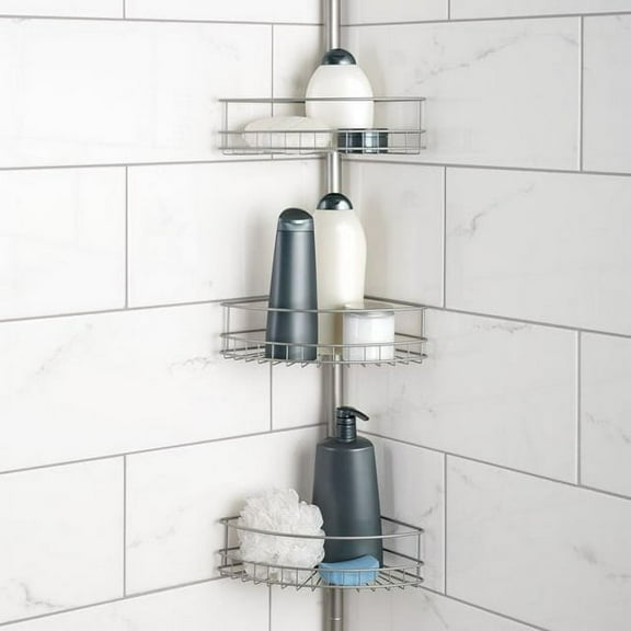 Mainstays 4 Tier Steel Tension Pole Shower Caddy with 3 Baskets & Soap Tray Shelf, Satin Nickel