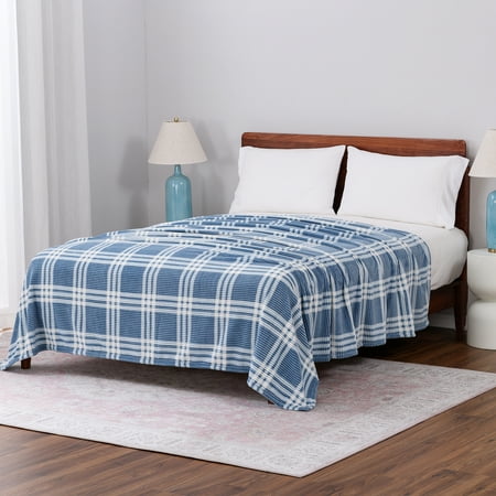 Mainstays Printed Textured Velvet Plush Super Soft Bed Blanket, Full/Queen Size, Blue Corduroy Plaid