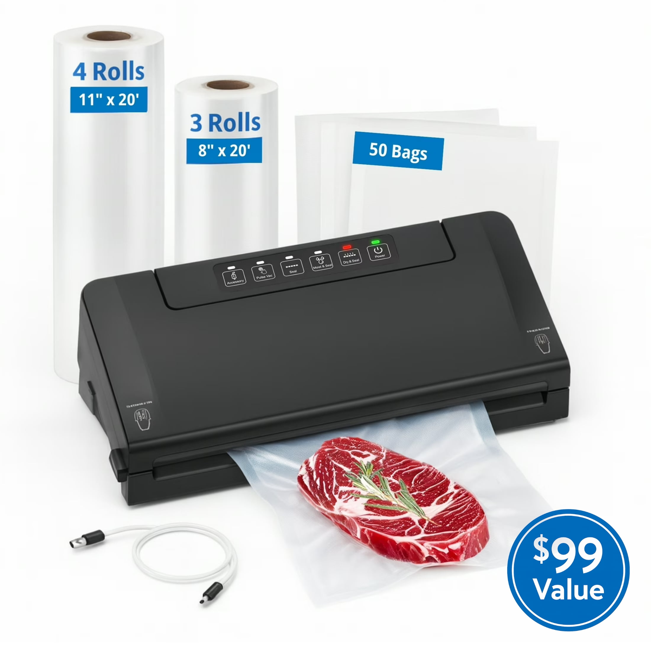 Mainstays 64-Piece Food Vacuum Sealer Starter Kit with 50 Bags & 7 Rolls, Complete Vacuum Sealing System for Airtight Food Storage