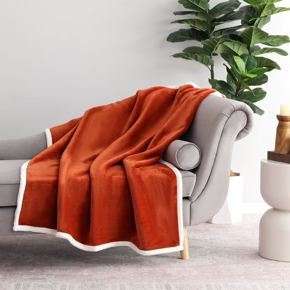 Mainstay Reversible Printed Velvet Plush and Hampshire Faux Shearling Soft Throw Blanket, Standard Size, Auburn Sun