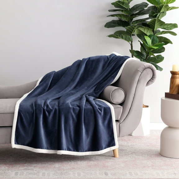 Mainstay Reversible Printed Velvet Plush and Hampshire Faux Shearling Soft Throw Blanket, Standard Size, Washed Indigo