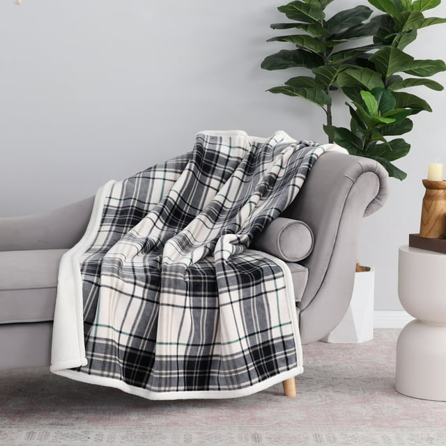 Mainstay Reversible Printed Velvet Plush and Hampshire Faux Shearling Soft Throw Blanket, Standard Size, Tartan Plaid