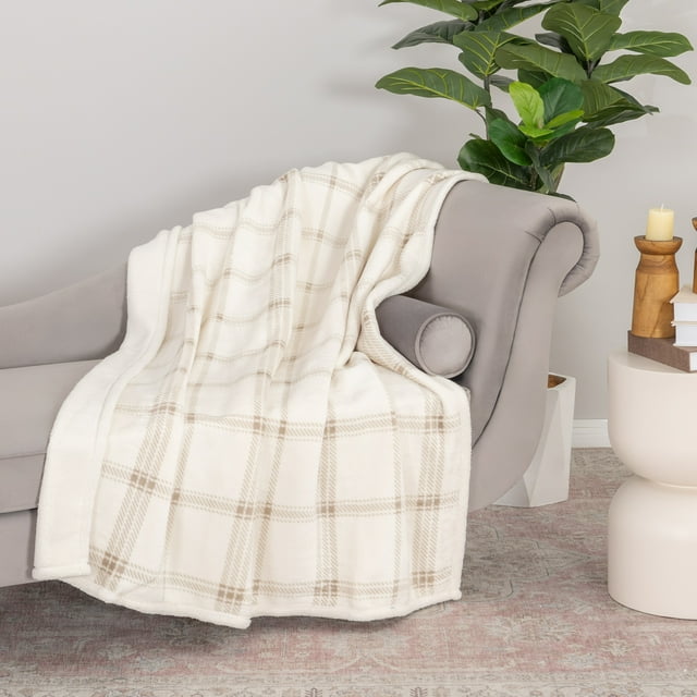 Mainstay Reversible Velvet Plush And Faux Shearling Throw Blanket, Beige Plaid, Standard
