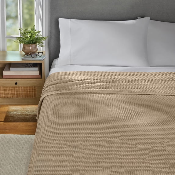 Mainstays Super Soft Cotton Waffle Bed Blanket, Papyrus Beige, Full/Queen Size