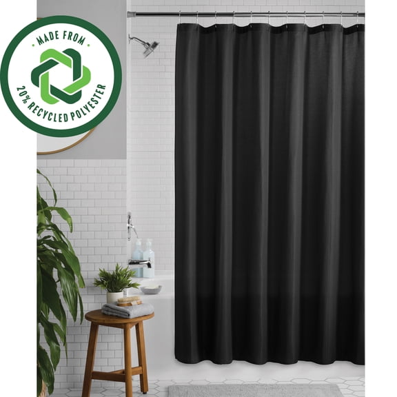 Mainstays Waffle-Weave Fabric Shower Curtain, Textured Cotton Blend with Recycled Polyester, 72” x 72”, Rich Black
