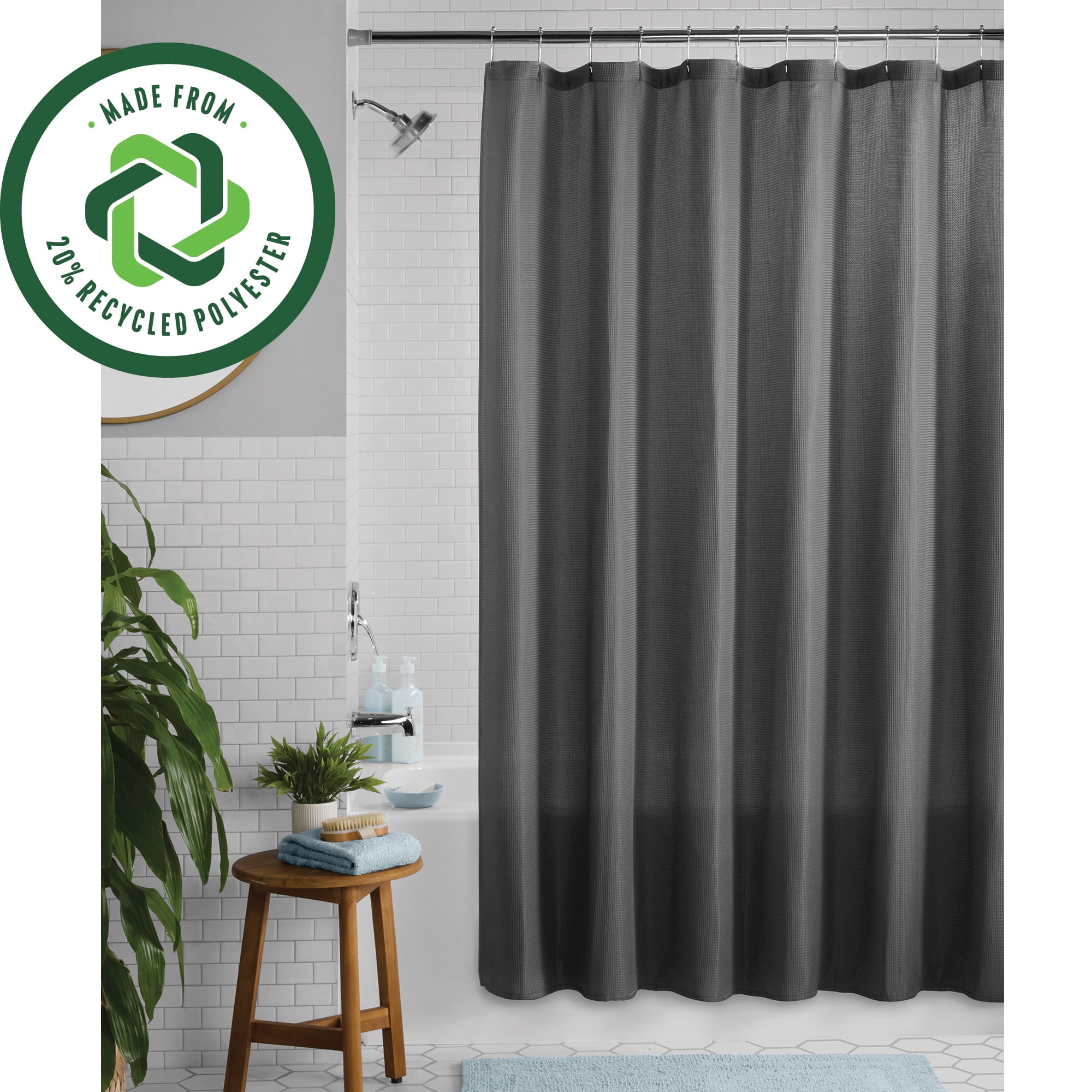 Mainstays Waffle-Weave Fabric Shower Curtain, Cotton Blend with 20% Recycled Polyester, 72 in x 72 in, Gray
