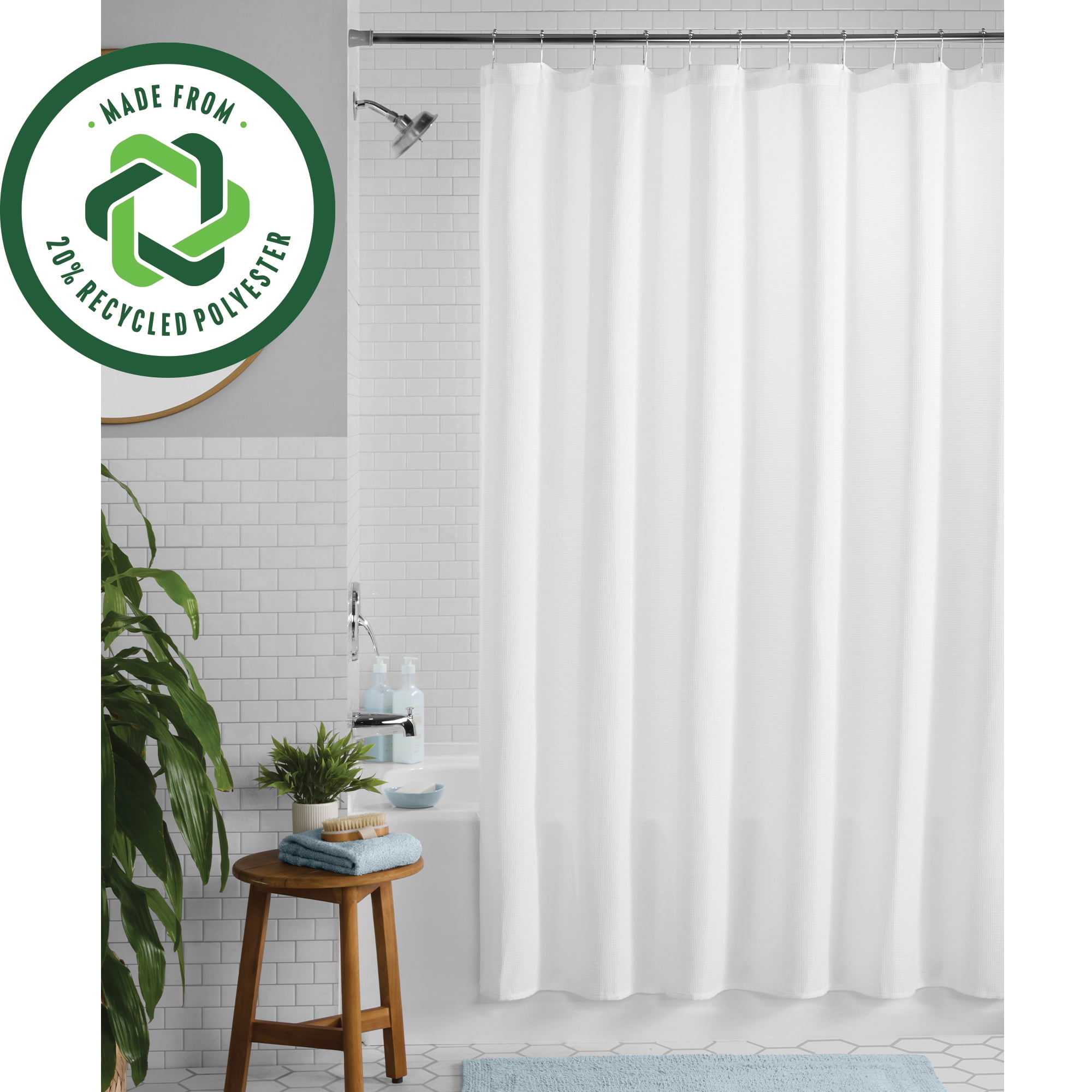 Mainstays Waffle-Weave Fabric Shower Curtain, Textured Cotton Blend with Recycled Polyester, 72” x 72”, Arctic White