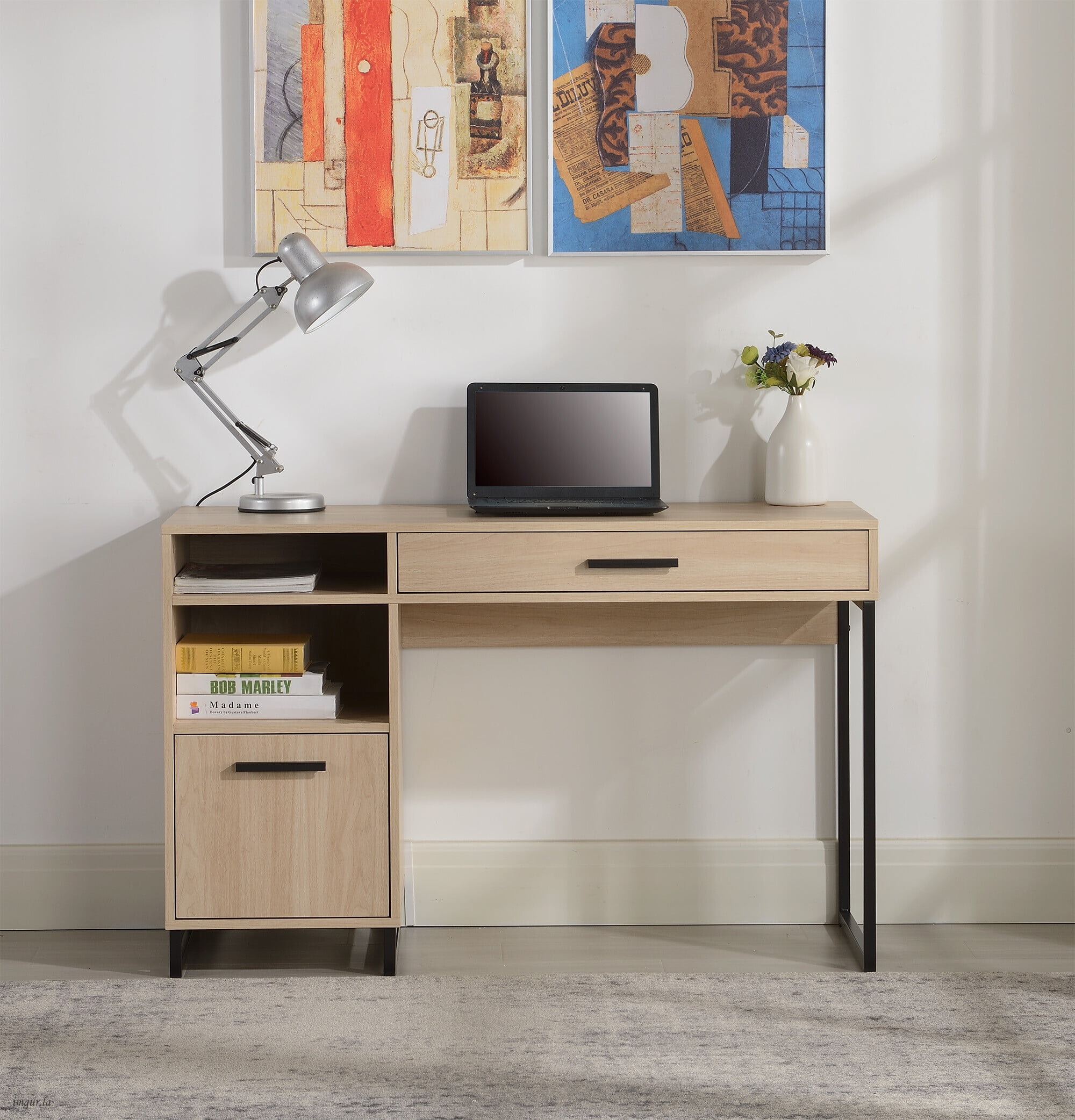 Mainstays Wood & Metal Accents Writing Desk with Drawer and Door for Teen/Adult, Light Wood