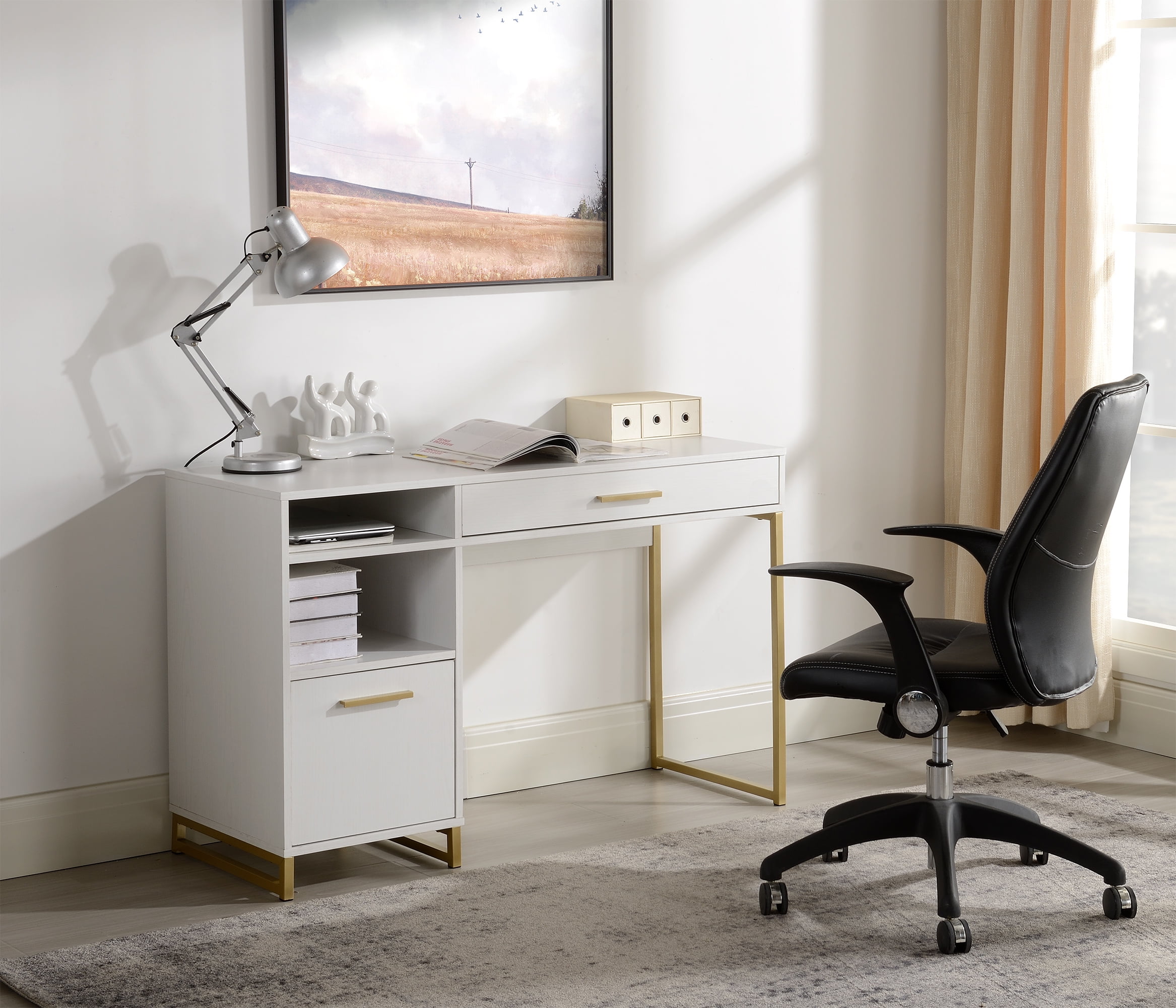 Mainstays Wood & Metal Accents Writing Desk with Drawer and Door for Teen/Adult, White