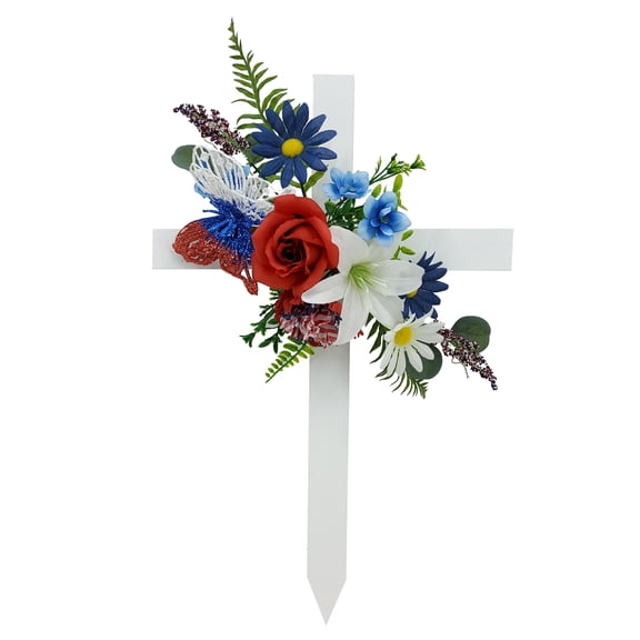 Mainstays 20 in Outdoor Artificial Floral Wood Cross, Red Rose, Whtie Lily and Blue Daisy