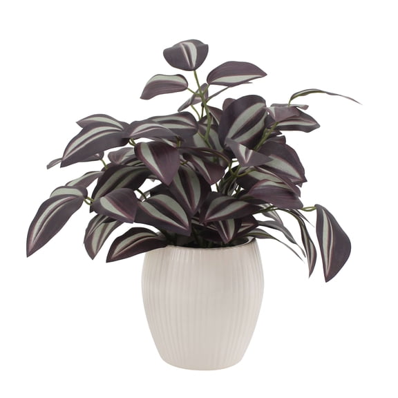 Mainstays 11" Artificial Purple Eyebrow Leaves Plant in White Ceramic Pot