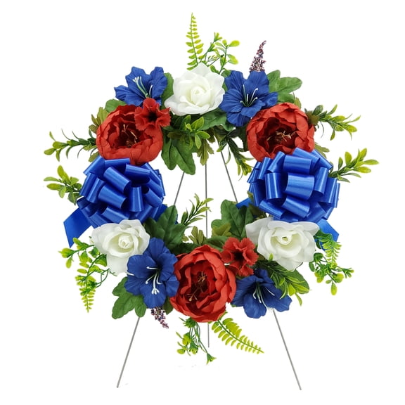 Mainstays 17 in Outdoor Memorial Rose Peony Wreath, Red, White and Blue Color