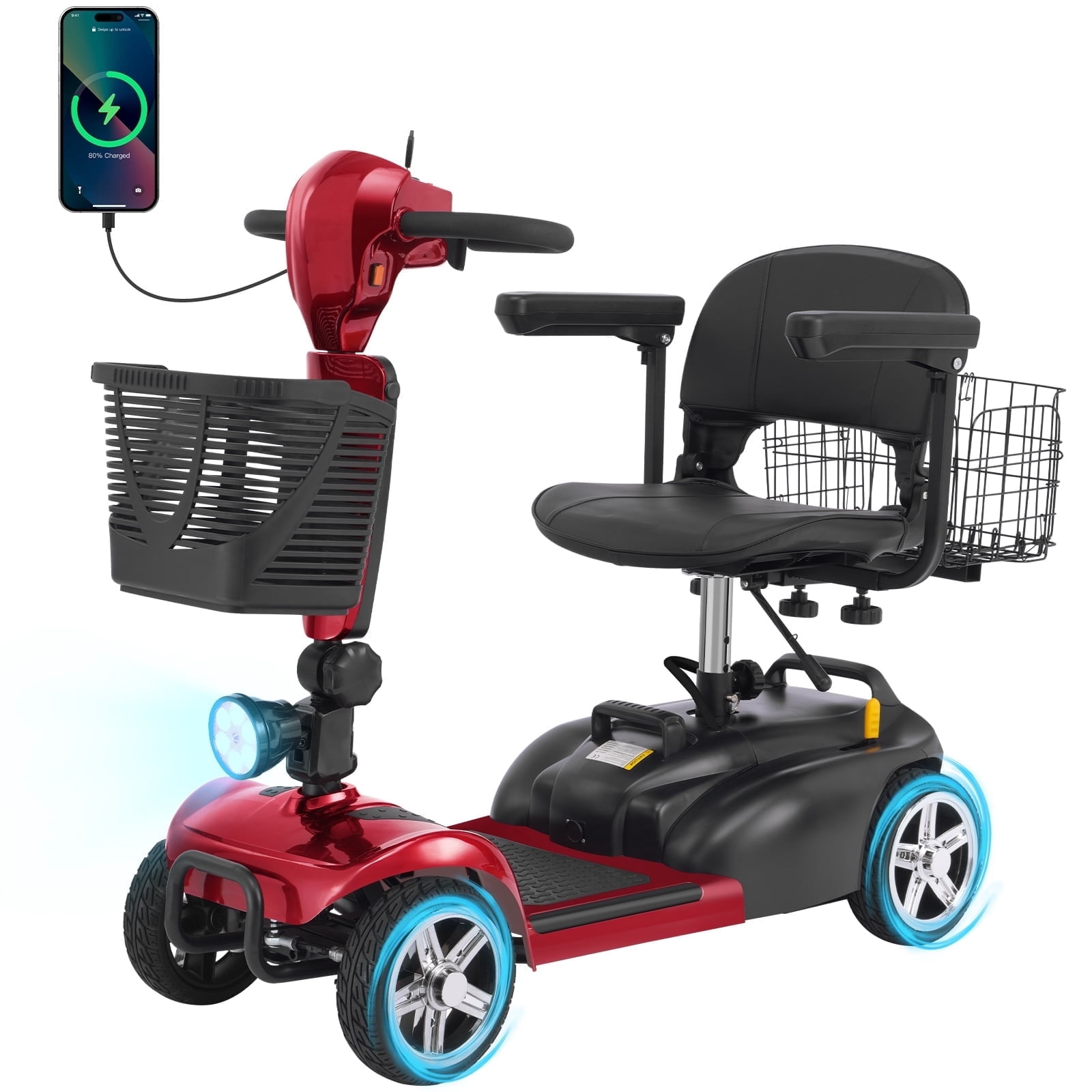 Ecomobi 15-45 Miles 4 Wheels Mobility Scooter for Adults&Seniors, 350W Electric Powered Wheelchair Device with Extended Battery, Dual Baskets, Rotating Seat, Compact Duty Mobile for Elderly