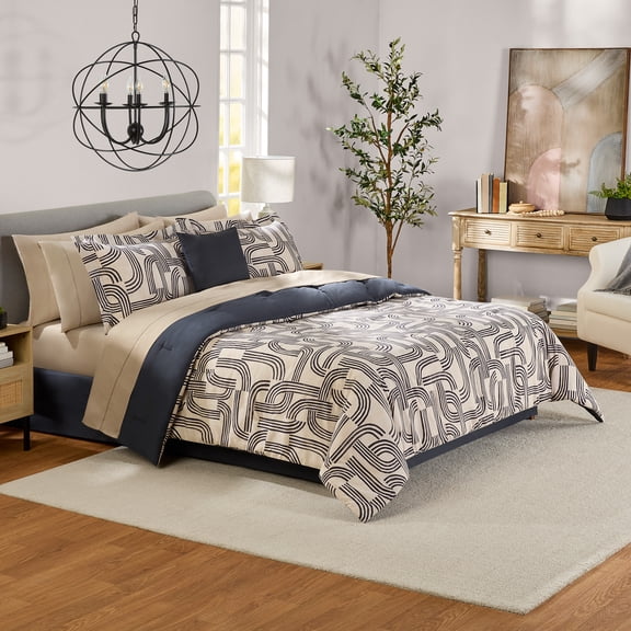 Mainstays 11 Piece Bed in a Bag Comforter Set with Sheets, Black Arch, King