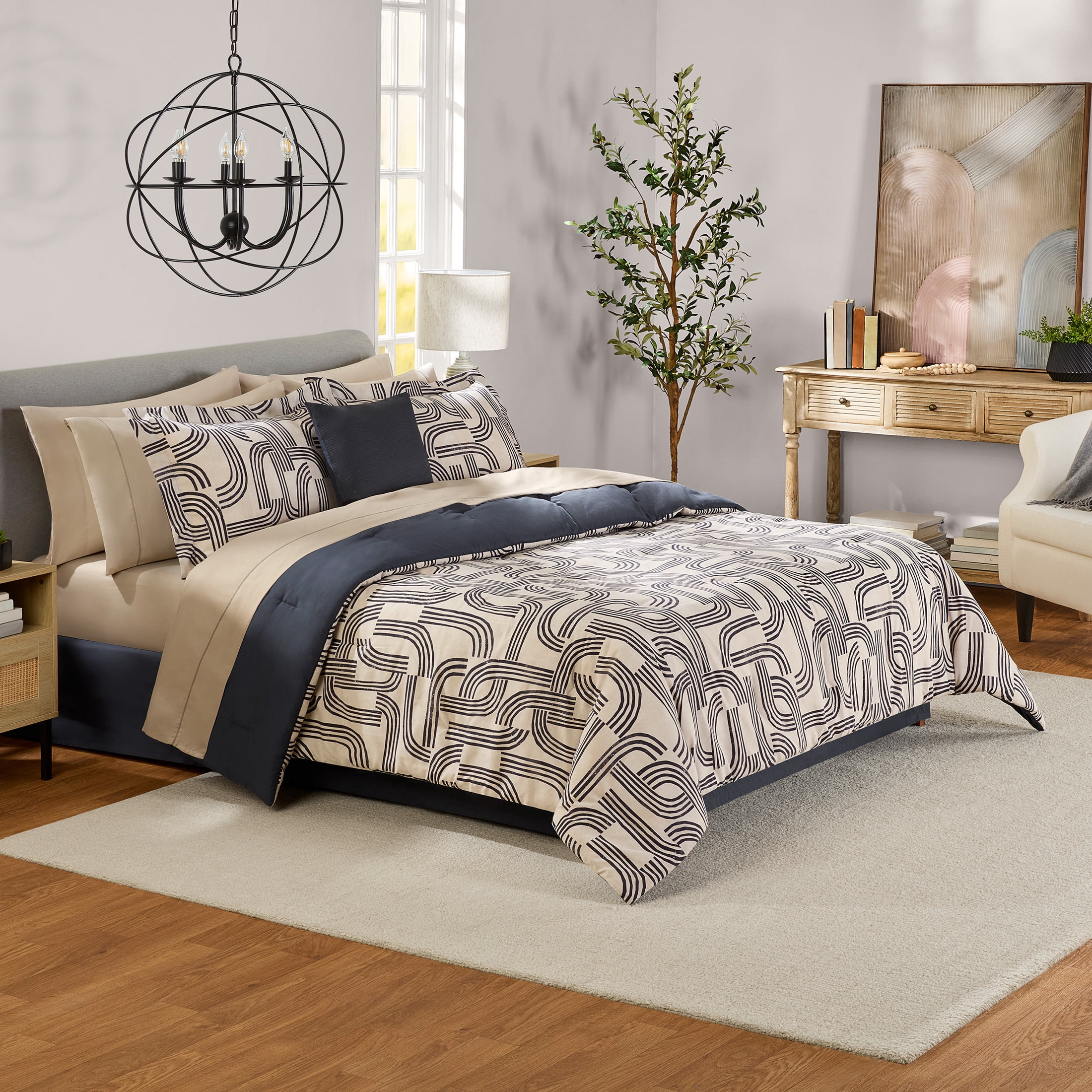 Mainstays 11-Piece Bed-in-a-Bag Comforter Set with Sheets, Black Arch, Queen