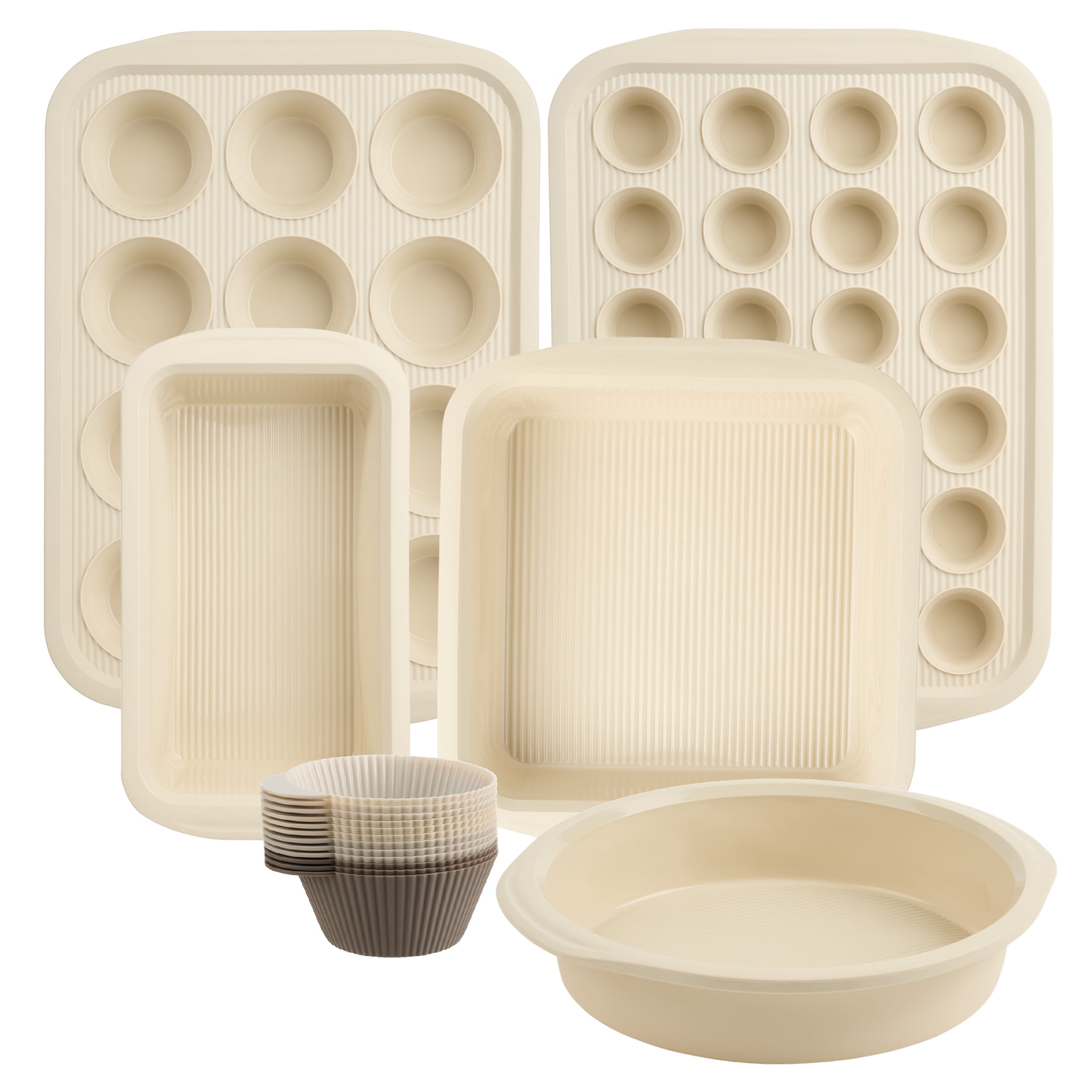 Mainstays 17-Piece Silicone Bakeware Set with Reinforced Steel Frame and Reusable Baking Cups, Papyrus Beige