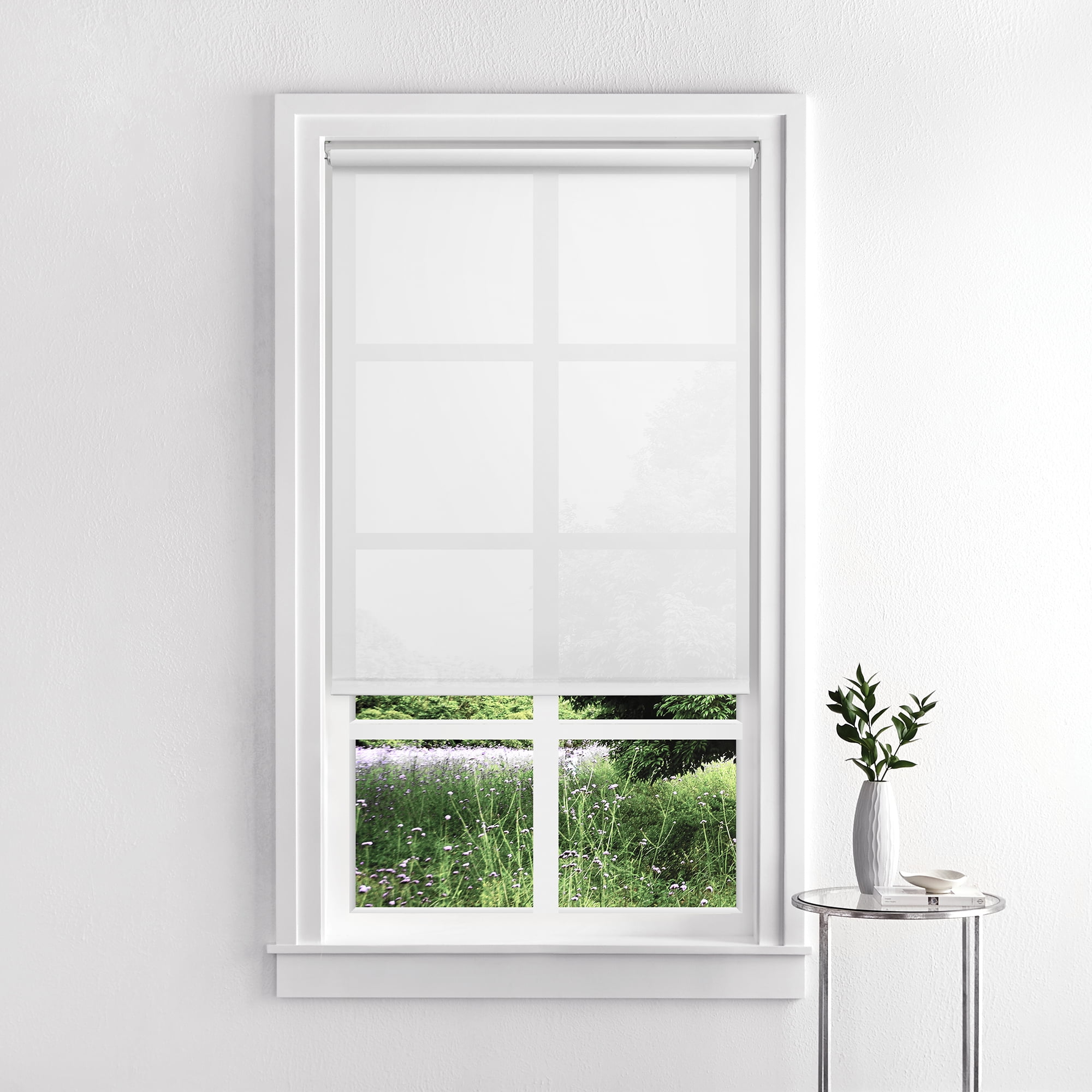 Mainstays Light Filtering PVC Fabric, Steel Rod Roller Window Shades, White 37.25" x 2.17"